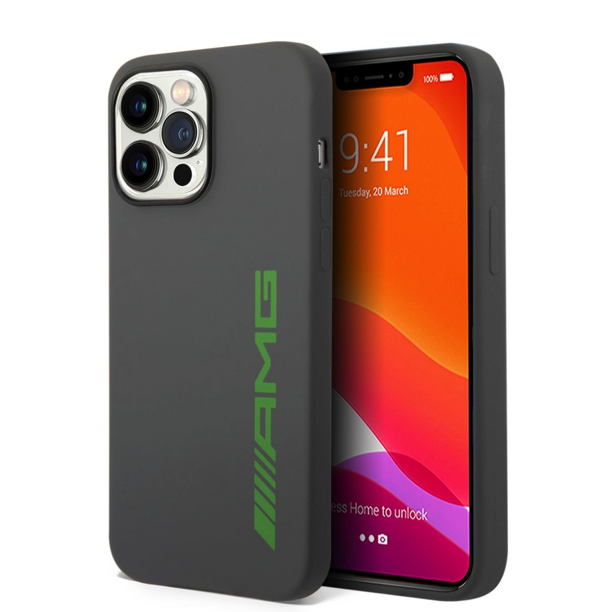Levně Zadní kryt AMG Liquid Silicone Green Logo pro iPhone 14 Pro Grey