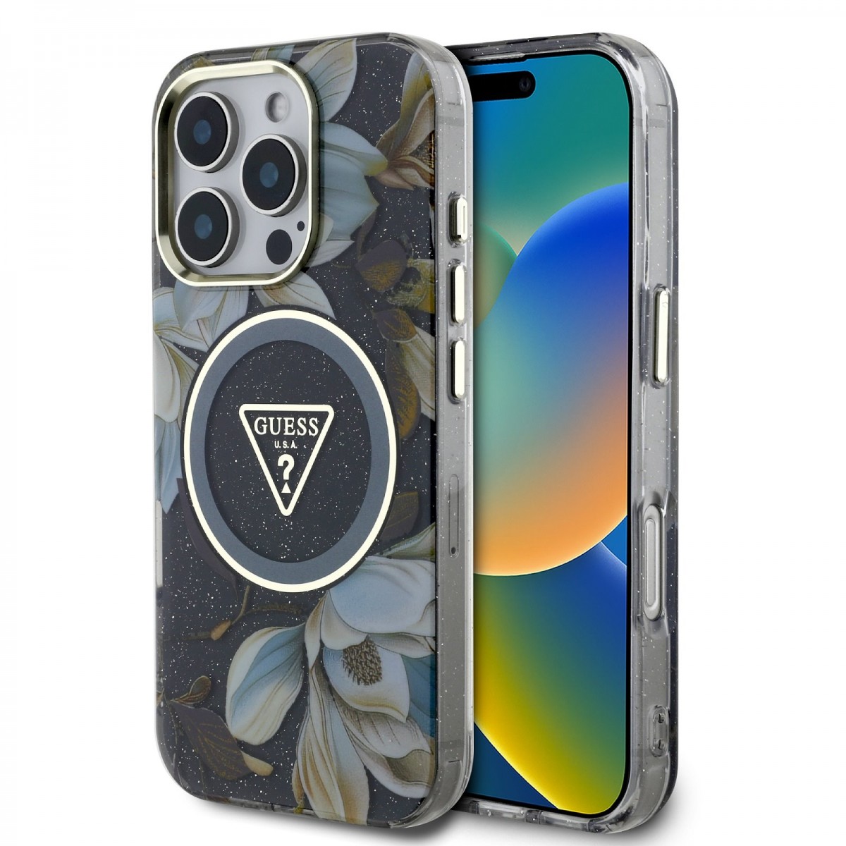 Levně Zadní kryt Guess IML Glitter Magnolia and Triangle Logo MagSafe pro iPhone 16 Pro Max Black