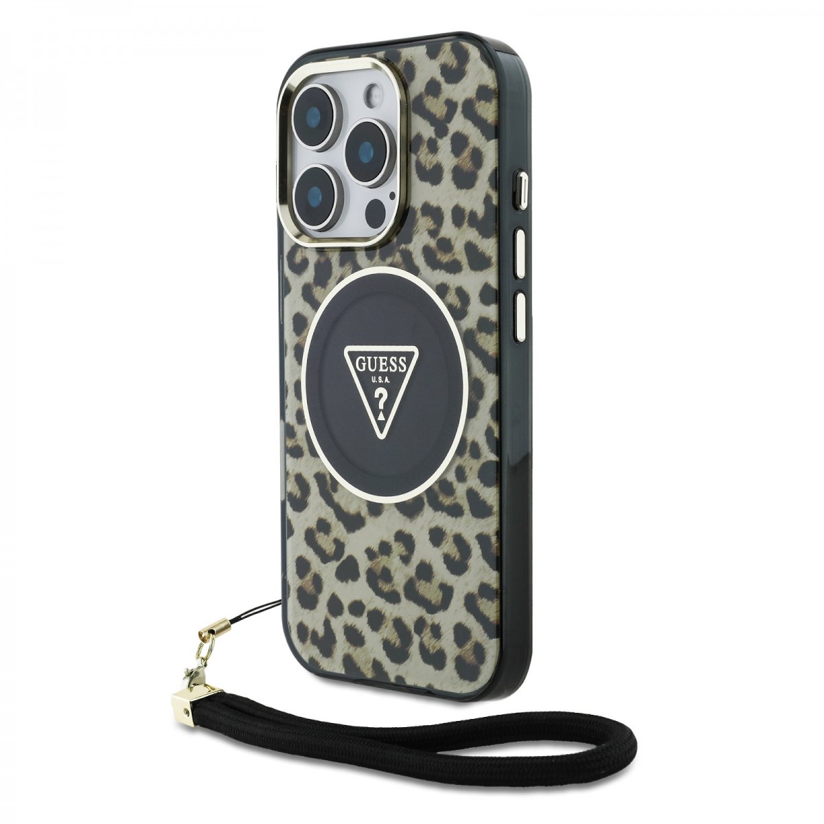 Levně Zadní kryt Guess IML Leopard Triangle Logo Strap MagSafe pro iPhone 16 Pro Brown