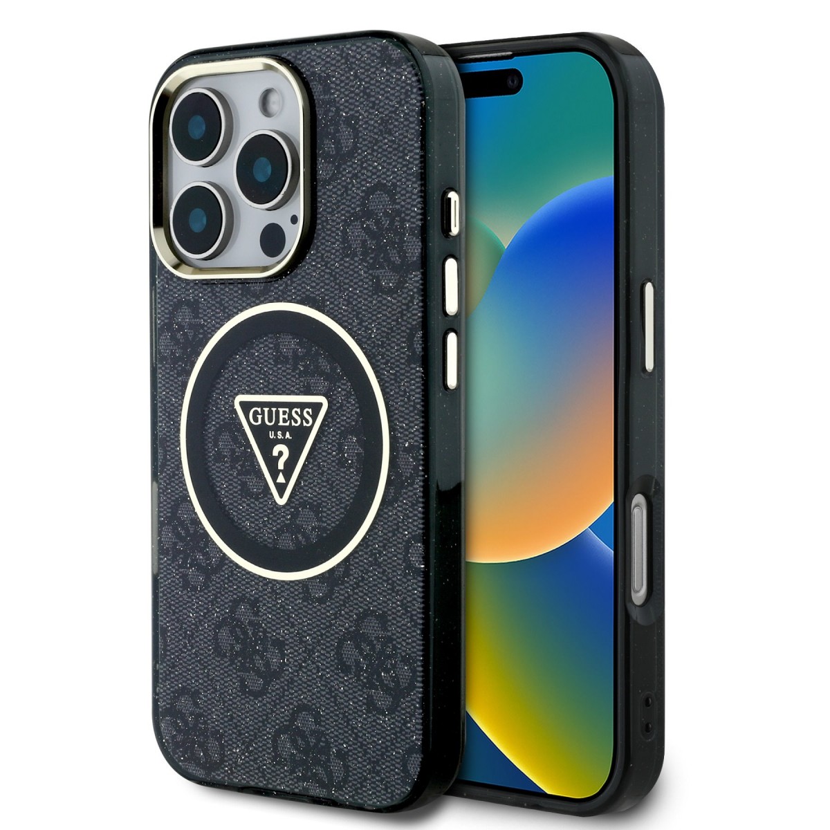 Levně Zadní kryt Guess IML 4G Glitter and Triangle Logo MagSafe pro iPhone 16 Pro Max Black