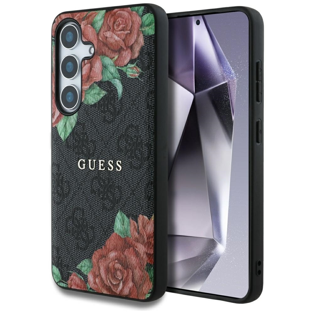 Levně Originální zadní kryt GUESS Leather 4G Flowers Print Metal Classic Logo MagSafe do Samsung Galaxy S25 black