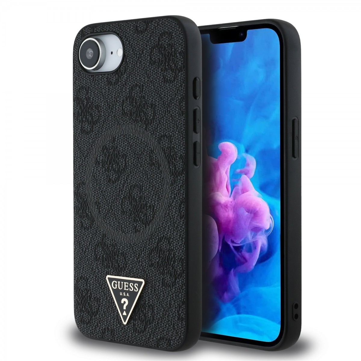 Levně Zadní kryt Guess PU 4G Strass Triangle Metal Logo pro iPhone 16e Black