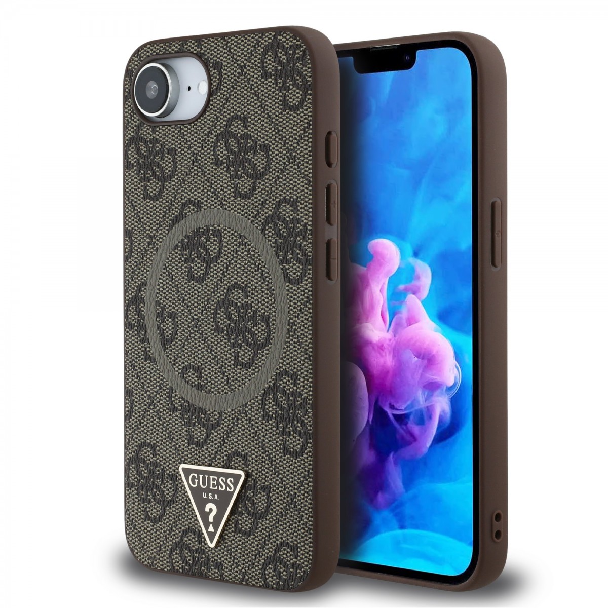 Levně Zadní kryt Guess PU 4G Strass Triangle Metal Logo pro iPhone 16e Brown