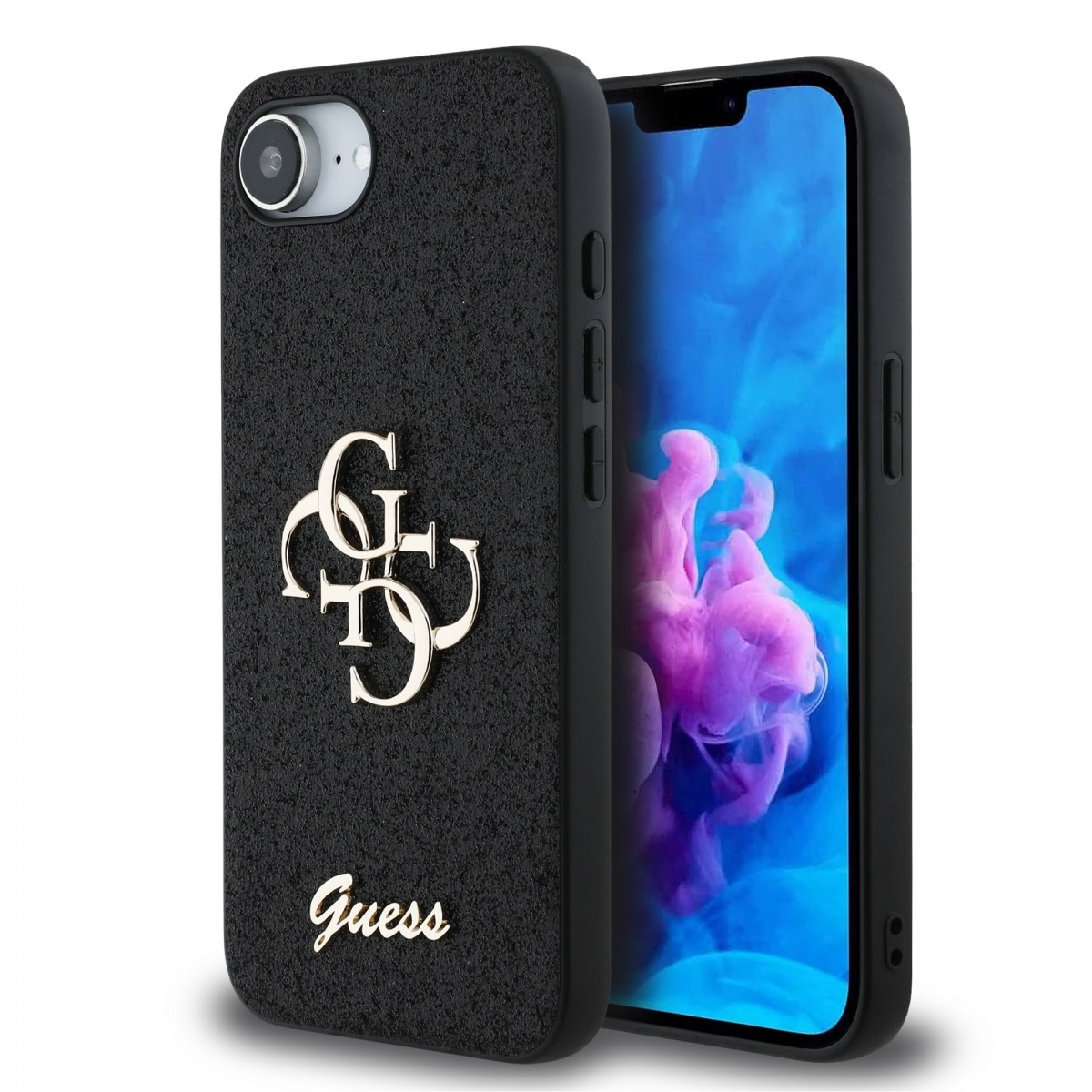 Levně Zadní kryt Guess PU Fixed Glitter 4G Metal Logo pro iPhone 16e Black