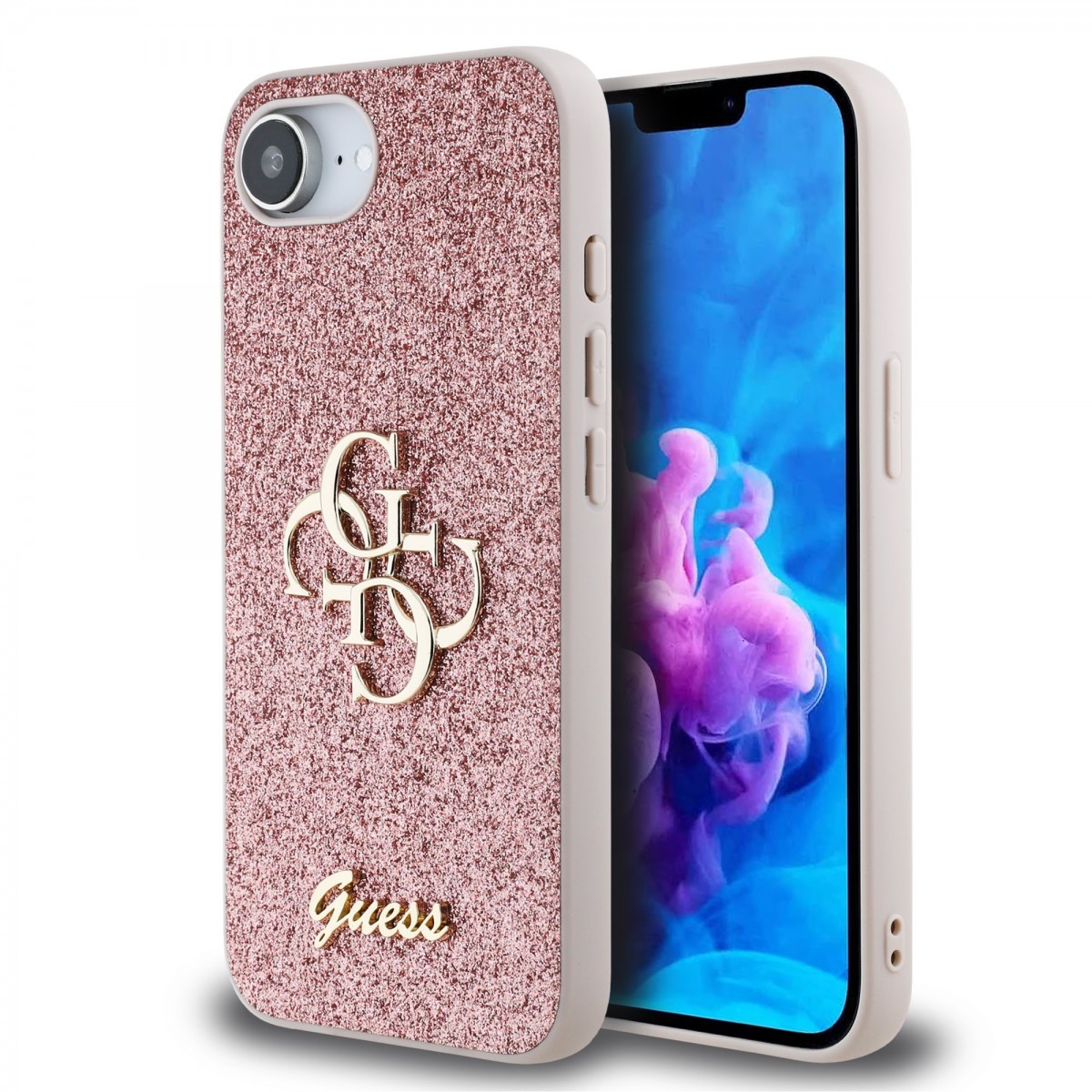 Levně Zadní kryt Guess PU Fixed Glitter 4G Metal Logo pro iPhone 16e Pink