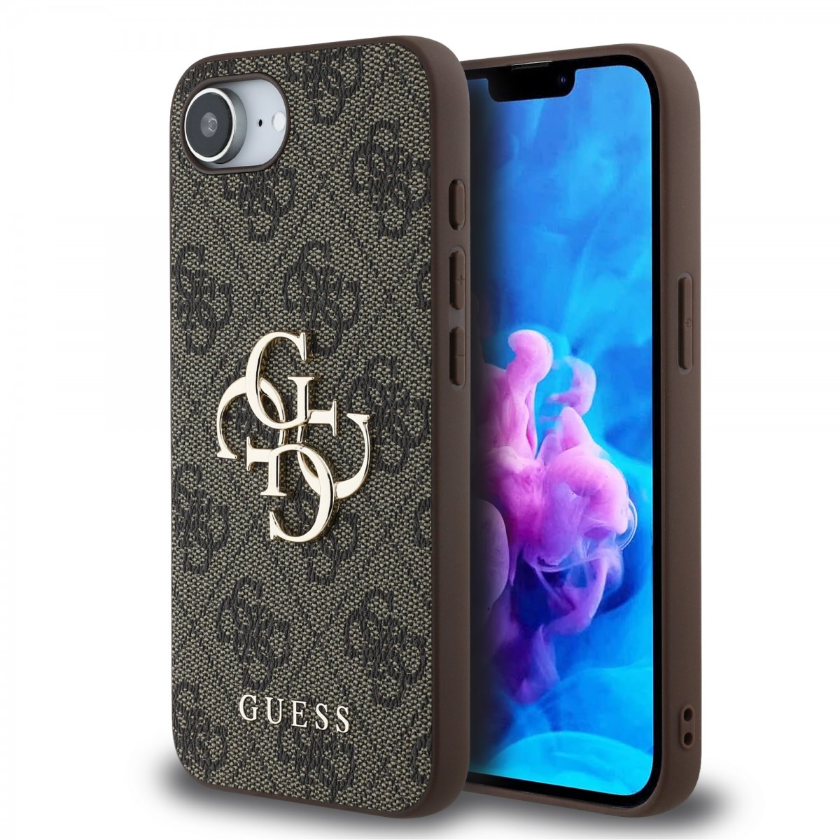 Levně Zadní kryt Guess PU 4G Metal Logo pro iPhone 16e Brown