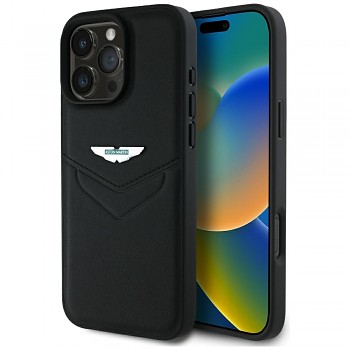 Originální zadní kryt ASTON MARTIN HC Leather Victory Design pro iPhone 16 Pro černý