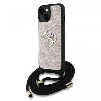 Zadní kryt Guess PU 4G Metal Logo Crossbody Popruh pro iPhone 15 Pink