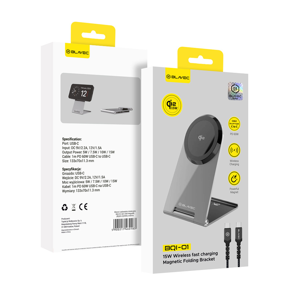 Levně Bezdrátová rychlonabíječka Blavec BQI-01 Qi2 15W Magsafe + datový kabel USB-C (BQI01-QI2MS) stříbrná