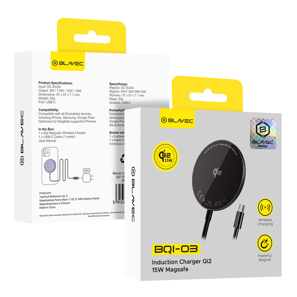 Levně Bezdrátová rychlonabíječka Blavec BQI-03 Qi2 15W Magsafe (BQI03-QI2MB) černá