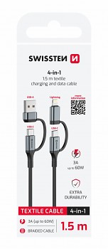 Datový kabel Swissten 4v1 3A 1,5 m černý