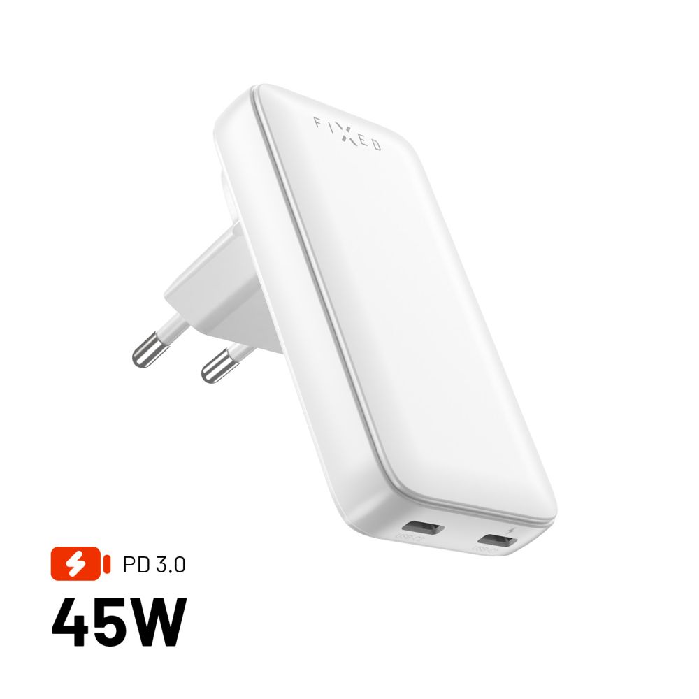 Levně Síťový GaN adaptér FIXED Slim Traveller s 2x USB-C výstupem s vyměnitelnými adaptéry, 45W, bílý