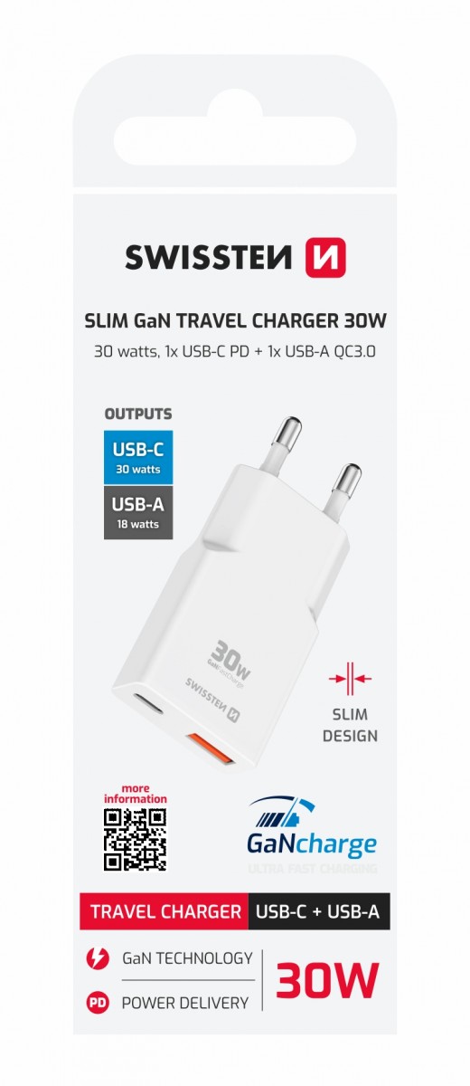 Levně Adaptér Swissten GAN USB-C + USB-A 30W tenký bílý