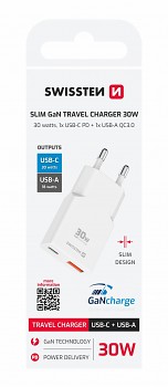 Adaptér Swissten GAN USB-C + USB-A 30W tenký bílý
