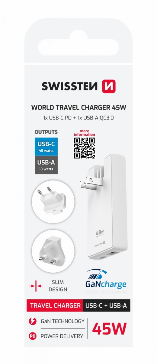 Levně Adaptér Swissten GAN USB-C + USB-A 45W výměnné vidlice (us, eu, uk) bílý