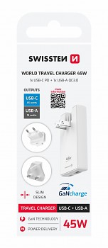 Adaptér Swissten GAN USB-C + USB-A 45W výměnné vidlice (us, eu, uk) bílý