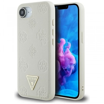 Zadní kryt GUESS Grained Hot Stamp Peony Triangle Logo MagSafe pro iPhone 16e beige