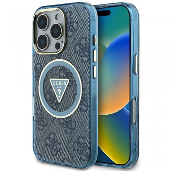 Zadní kryt GUESS IML Metal Glitter 4G Circle Triangle MagSafe pro iPhone 16 Pro blue