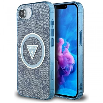 Zadní kryt GUESS IML Metal Glitter 4G Circle Triangle MagSafe pro iPhone 16e blue