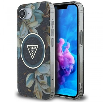 Zadní kryt GUESS IML Metal Glitter Flowers Triangle MagSafe pro iPhone 16e black