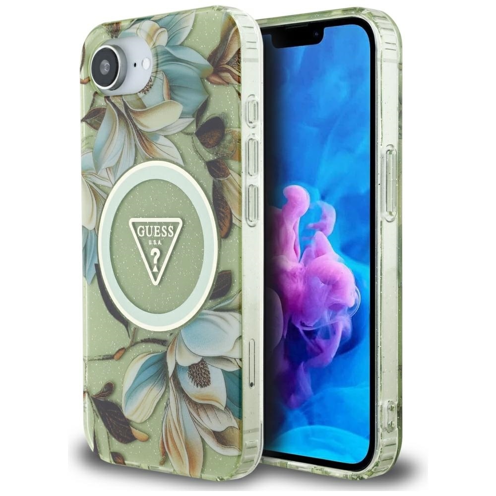 Levně Zadní kryt GUESS IML Metal Glitter Flowers Triangle MagSafe pro iPhone 16e green