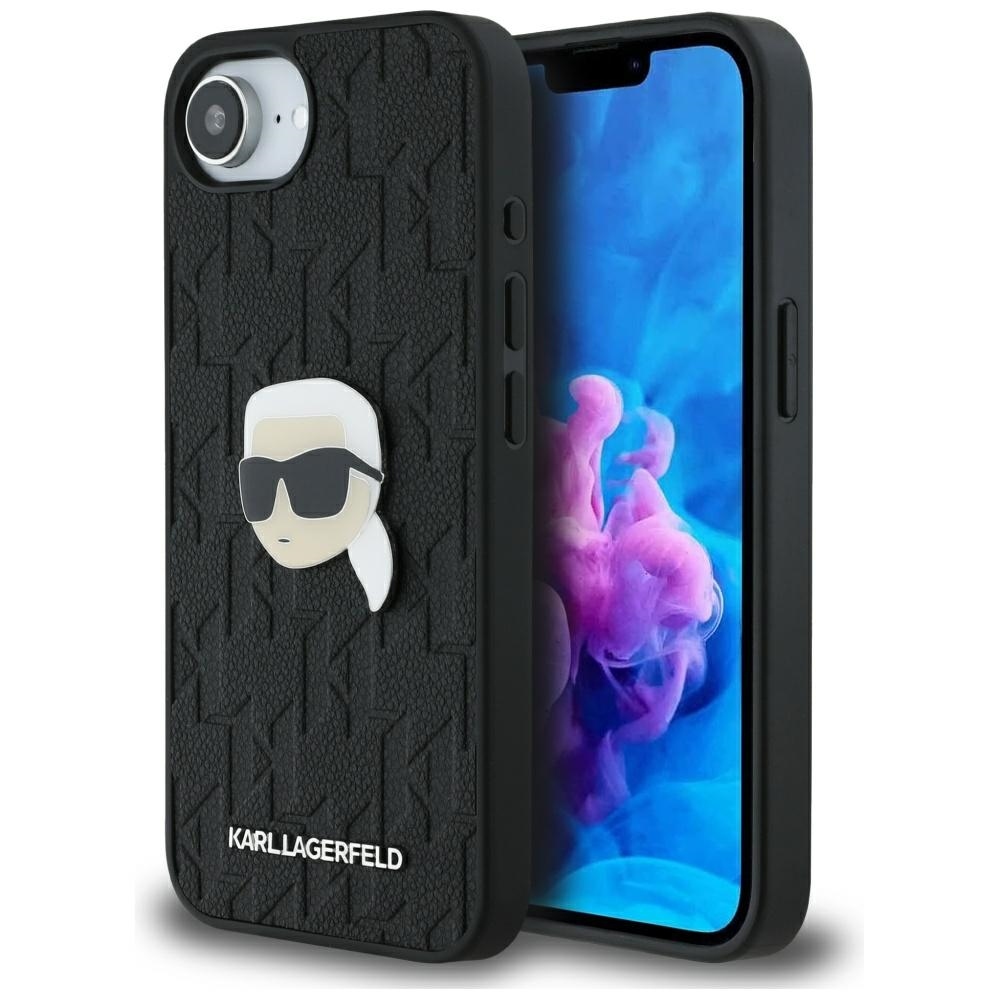 Levně Zadní kryt KARL LAGERFELD Monogram Karl Head Pin pro iPhone 16e black