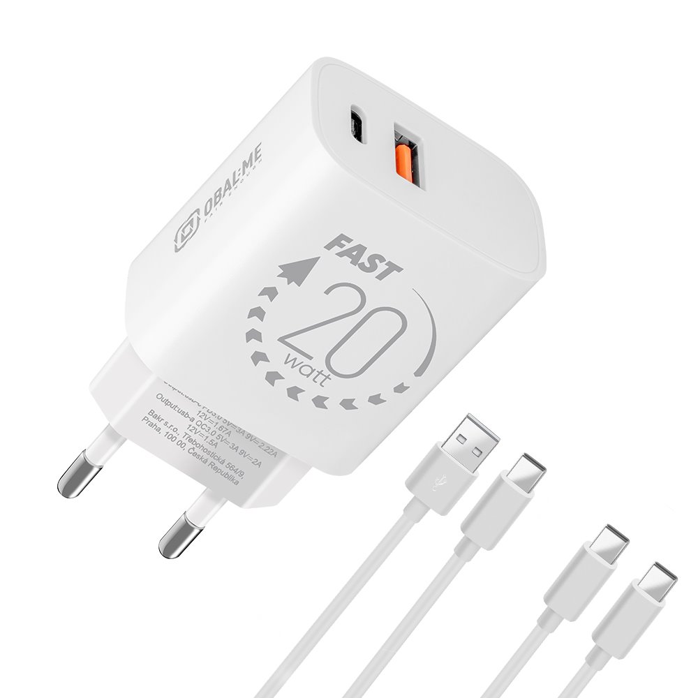 Levně Rychlonabíječka OBAL:ME USB-A + USB-C 20W + 2x kabel 1m White