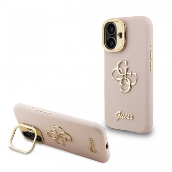 Zadní kryt Guess PU Grained 4G Logo Stand Camera Frame pro iPhone 16 Pink