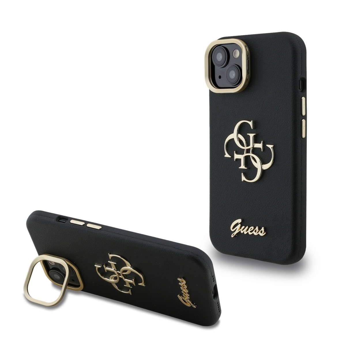 Levně Zadní kryt Guess PU Grained 4G Logo Stand Camera Frame pro iPhone 15 Black