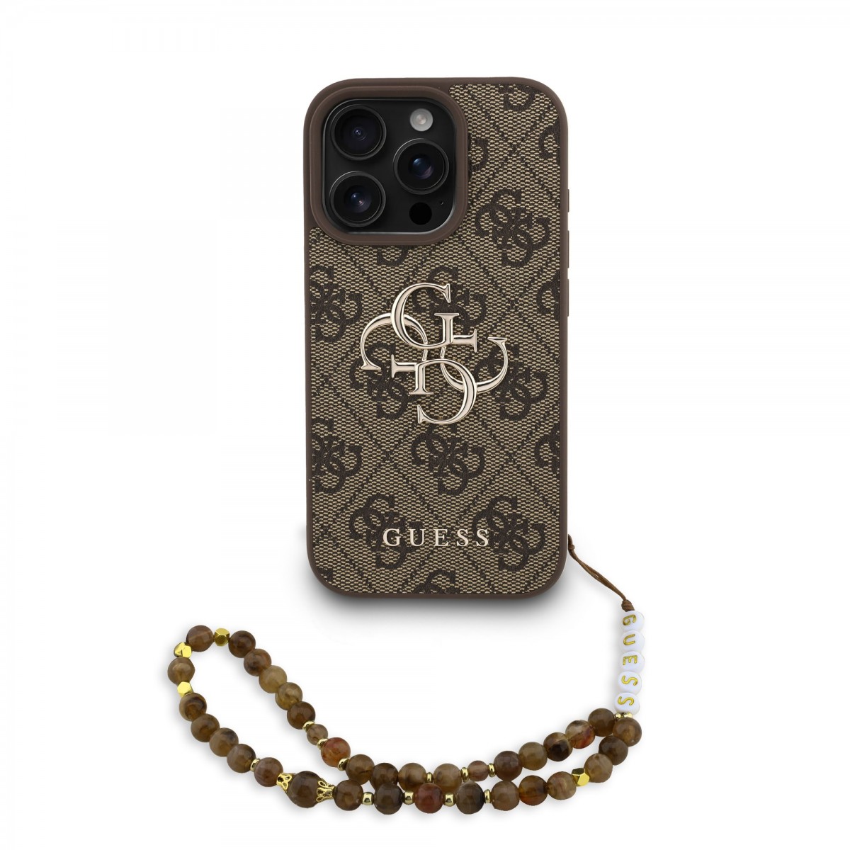 Levně Zadní kryt Guess PU 4G Metal Logo Strap pro iPhone 16 Pro Max Brown