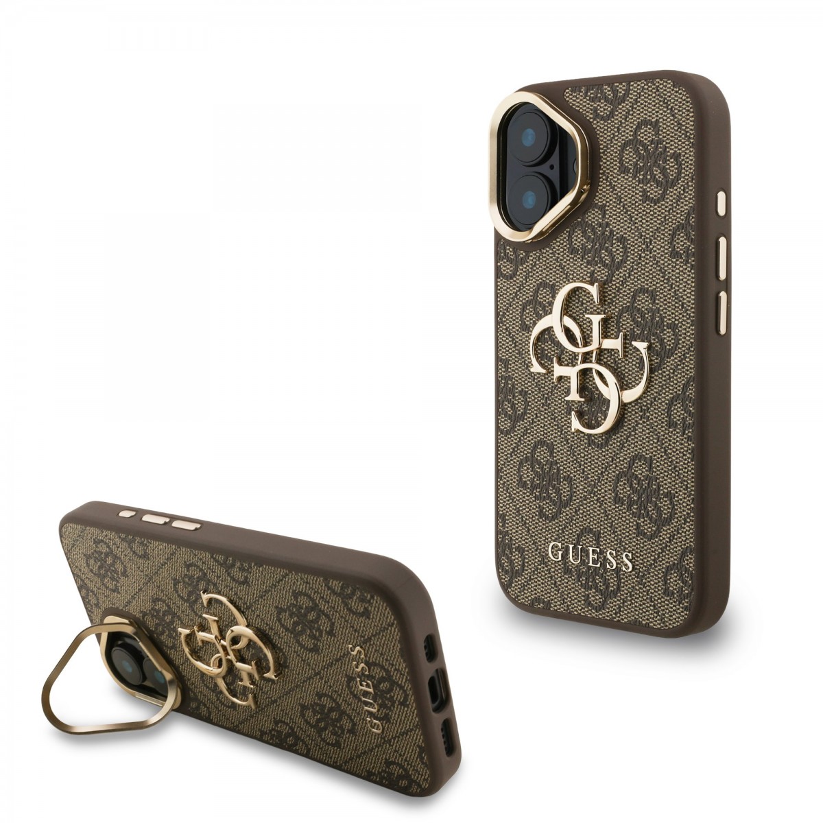 Levně Zadní kryt Guess PU 4G Metal Logo Stand Camera Frame pro iPhone 16 Brown