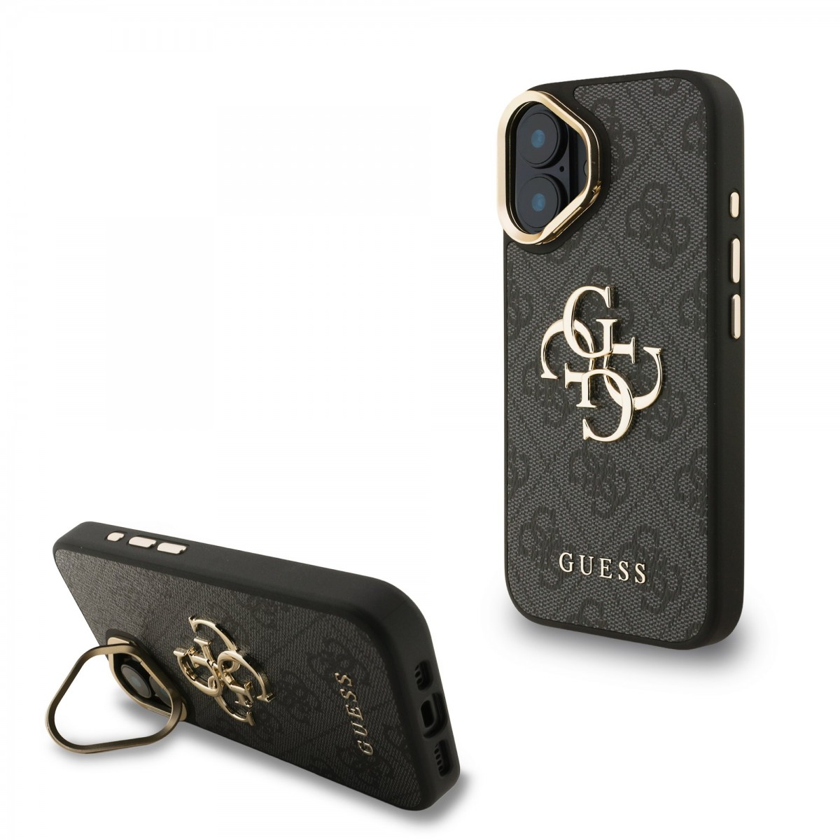 Levně Zadní kryt Guess PU 4G Metal Logo Stand Camera Frame pro iPhone 16 Black