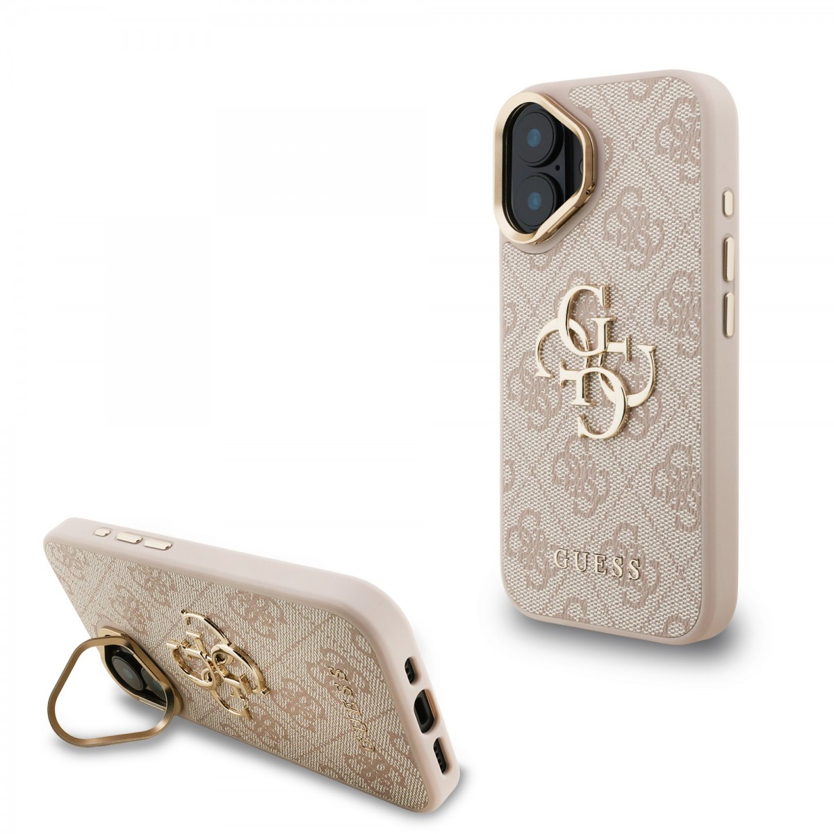 Levně Zadní kryt Guess PU 4G Metal Logo Stand Camera Frame pro iPhone 16 Pink