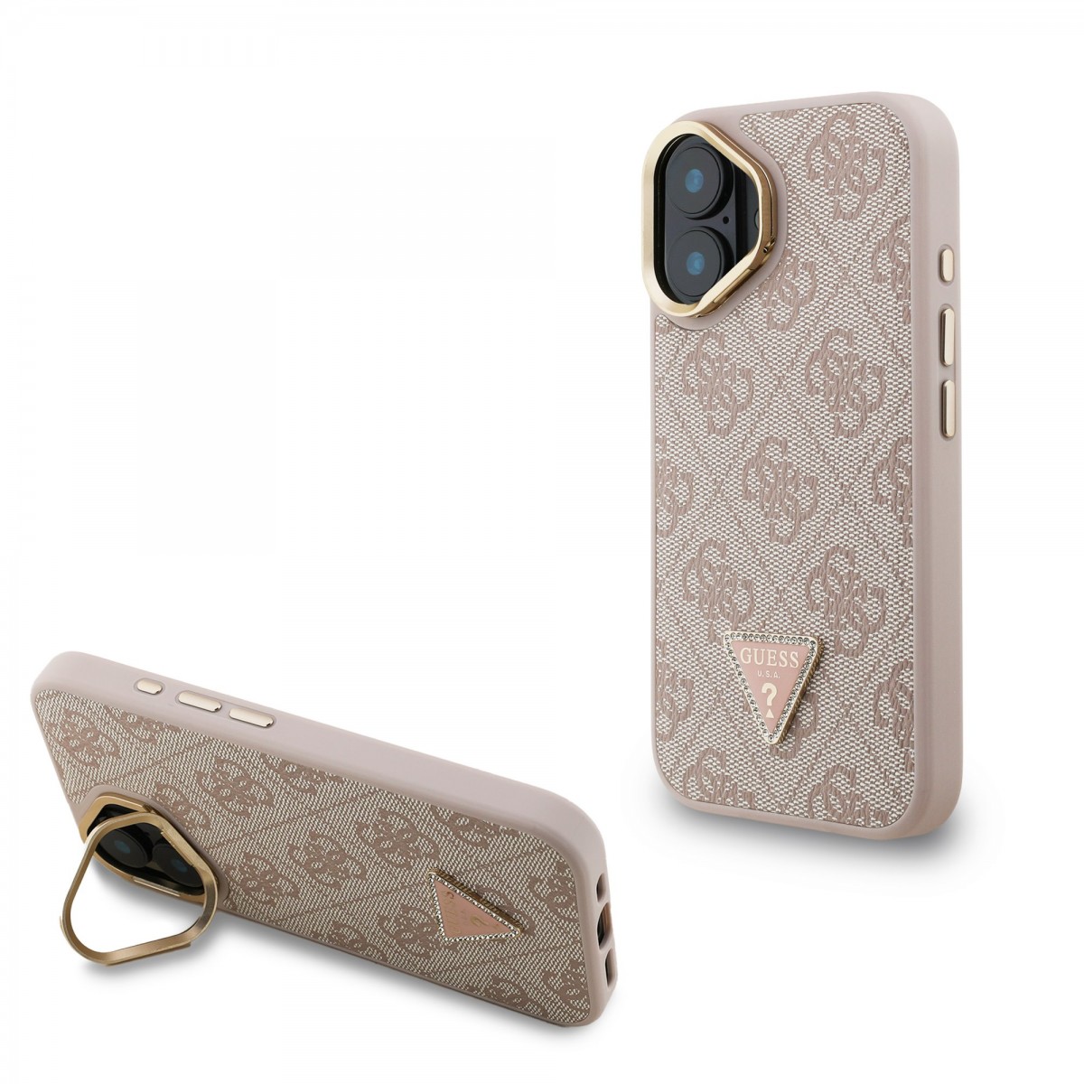 Levně Zadní kryt Guess PU 4G Strass Triangle Logo Stand Camera Frame MagSafe pro iPhone 16 Pink