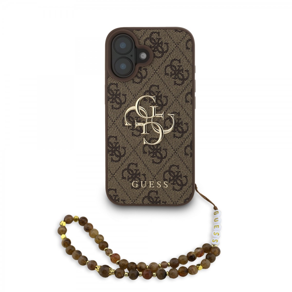 Levně Zadní kryt Guess PU 4G Metal Logo Strap pro iPhone 16 Brown