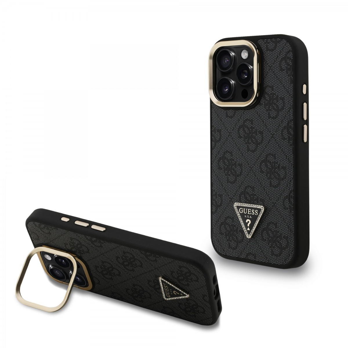 Levně Zadní kryt Guess PU 4G Strass Triangle Logo Stand Camera Frame MagSafe pro iPhone 15 Pro Max Black