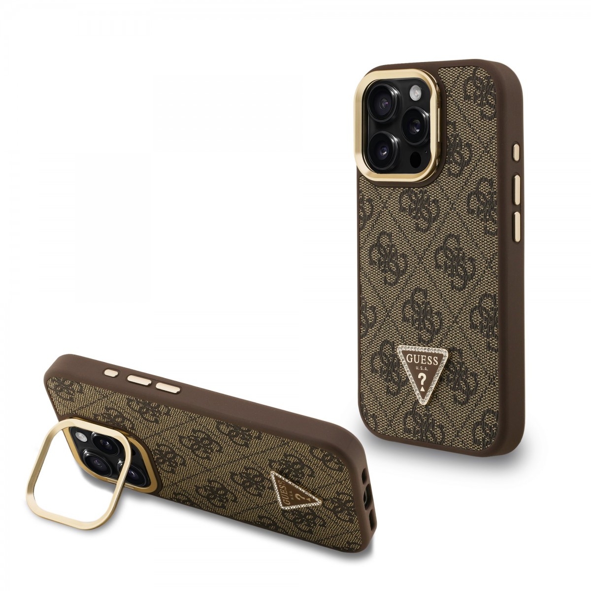 Levně Zadní kryt Guess PU 4G Strass Triangle Logo Stand Camera Frame MagSafe pro iPhone 15 Pro Max Brown