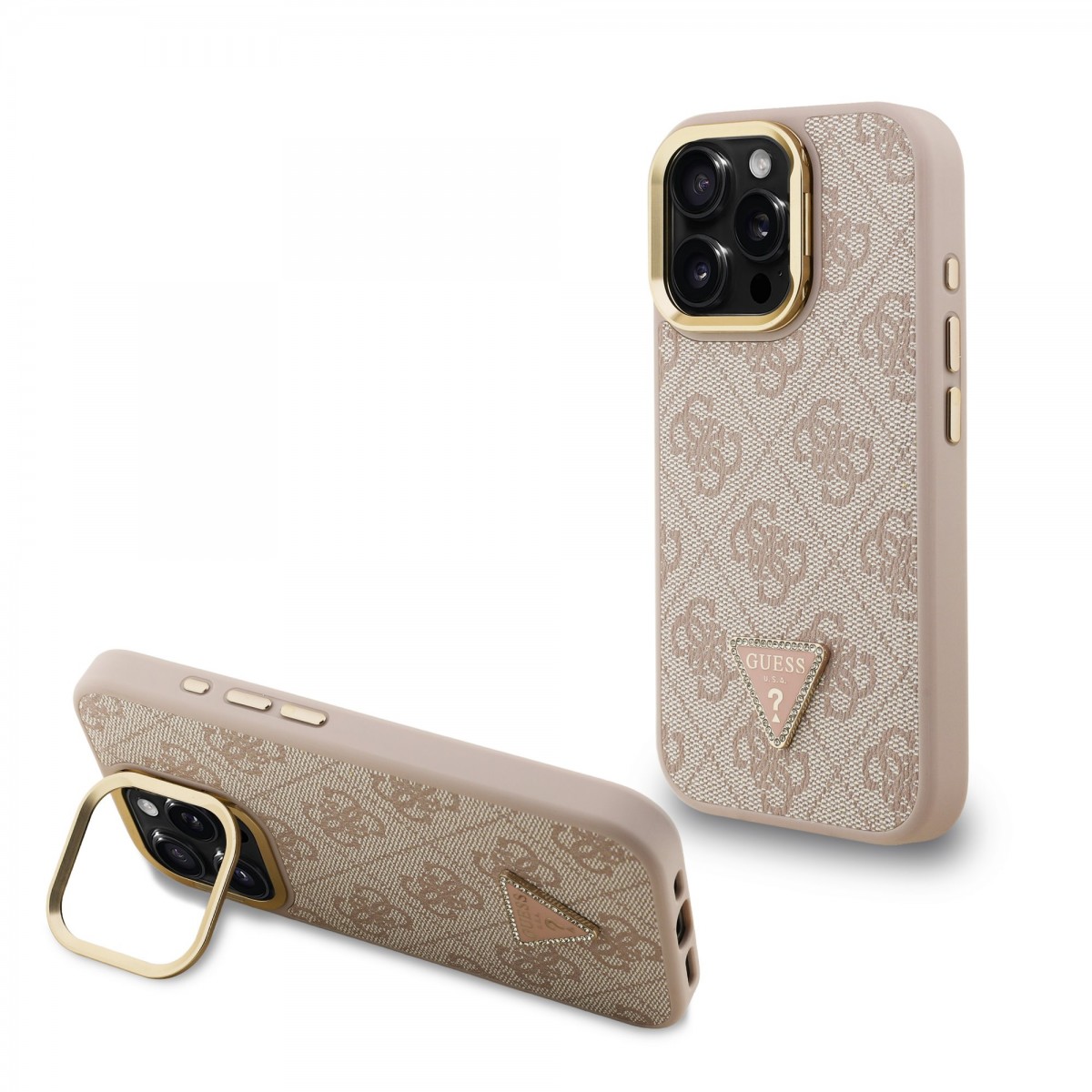 Levně Zadní kryt Guess PU 4G Strass Triangle Logo Stand Camera Frame MagSafe pro iPhone 15 Pro Max Pink