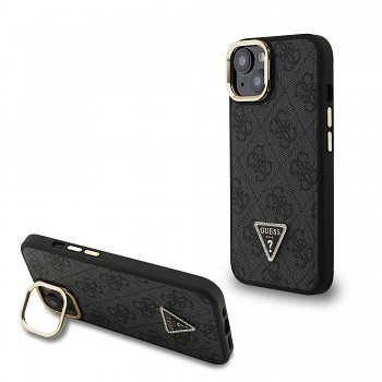 Zadní kryt Guess PU 4G Strass Triangle Logo Stand Camera Frame MagSafe pro iPhone 15 Black