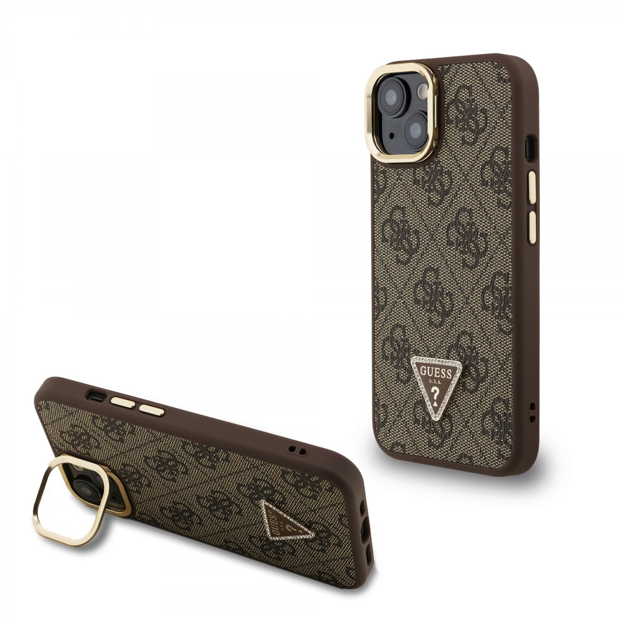 Levně Zadní kryt Guess PU 4G Strass Triangle Logo Stand Camera Frame MagSafe pro iPhone 14 Brown