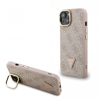 Zadní kryt Guess PU 4G Strass Triangle Logo Stand Camera Frame MagSafe pro iPhone 14 Pink