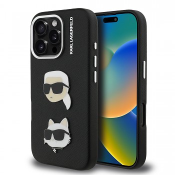 Zadní kryt Karl Lagerfeld Grained PU K&CH Heads pro iPhone 16 Pro Black