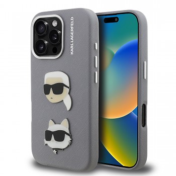 Zadní kryt Karl Lagerfeld Grained PU K&CH Heads pro iPhone 16 Pro Grey