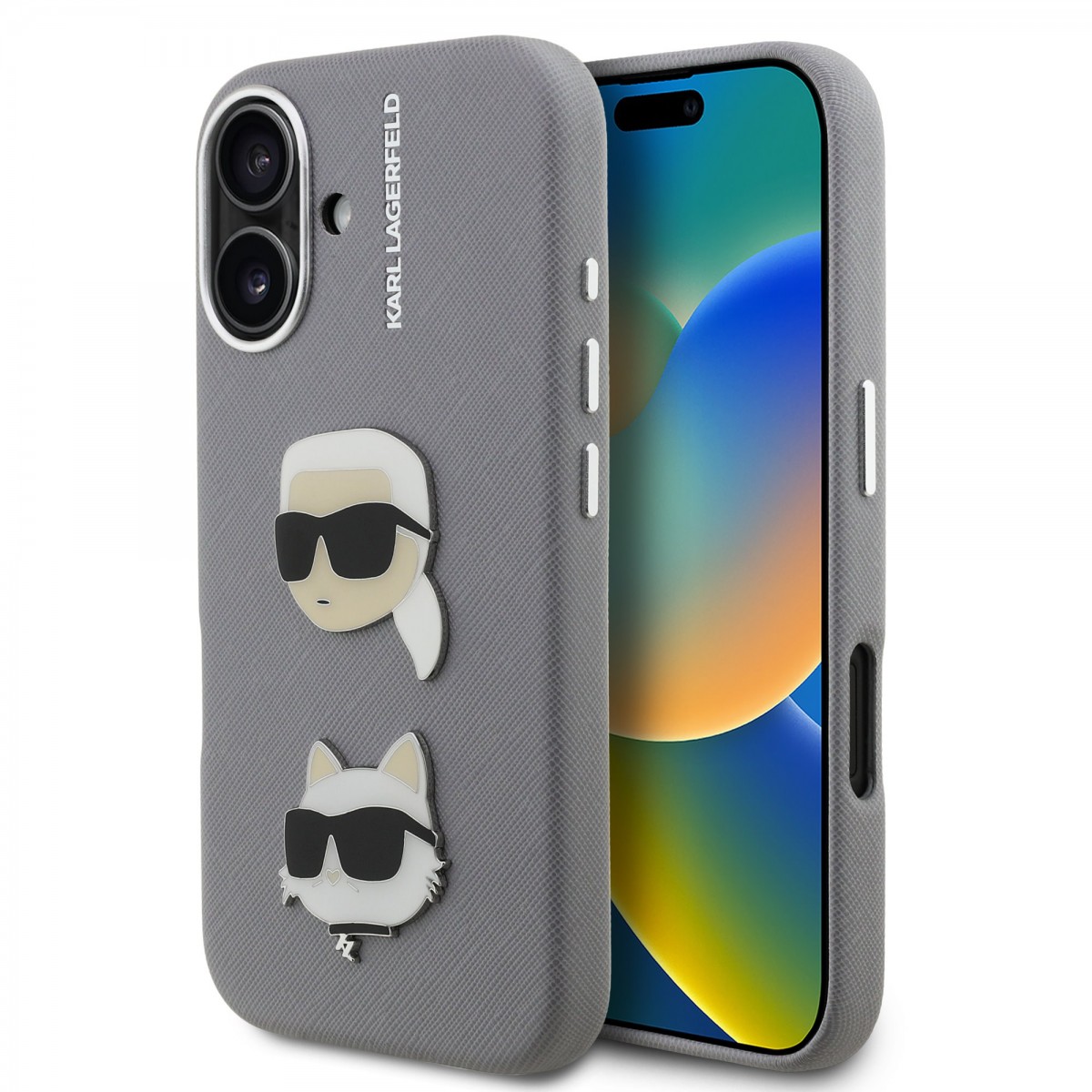 Levně Zadní kryt Karl Lagerfeld Grained PU K&CH Heads pro iPhone 16 Grey