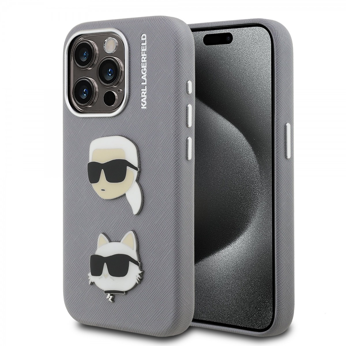 Levně Zadní kryt Karl Lagerfeld Grained PU K&CH Heads pro iPhone 15 Pro Grey