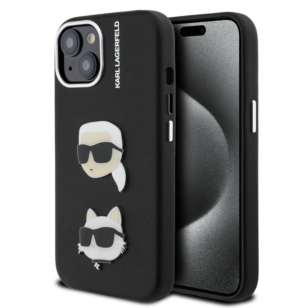 Levně Zadní kryt Karl Lagerfeld Grained PU K&CH Heads pro iPhone 15 Black