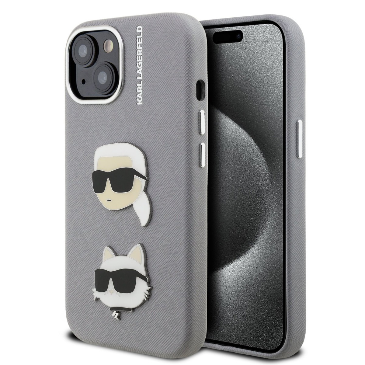 Levně Zadní kryt Karl Lagerfeld Grained PU K&CH Heads pro iPhone 15 Grey