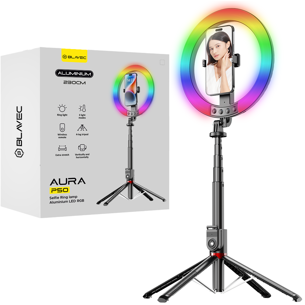 Levně Blavec selfie kruhové světlo hliníkové Aura LED RGB Ring P50 25 cm se stativem a dálkovým ovládáním, kabel 2,3 m, černé (RLP50-TRB23)