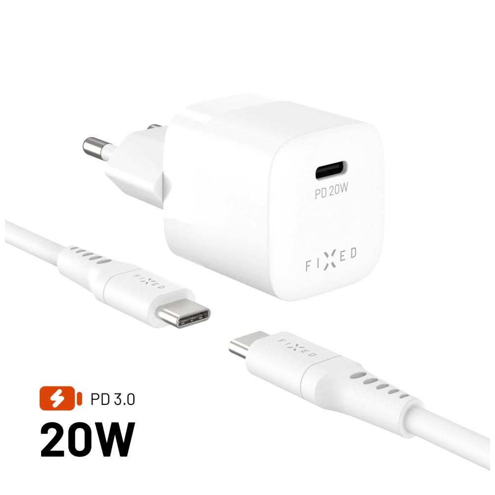Levně Set síťové nabíječky FIXED Mini s USB-C výstupem a USB-C/USB-C kabelu, podpora PD, 1,2 metr, 20W, bílý