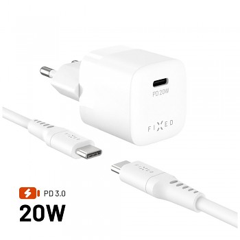 Set síťové nabíječky FIXED Mini s USB-C výstupem a USB-C/USB-C kabelu, podpora PD, 1,2 metr, 20W, bílý